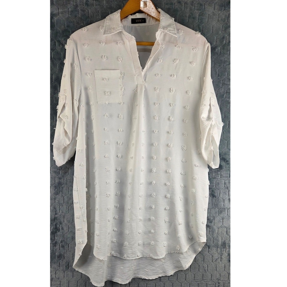 UVN White Swiss Dot Tunic Top XL‎ Roll Tab Sleeve High Low Split V-Neck Blouse